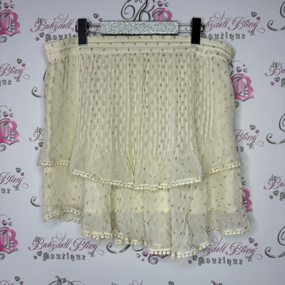 TRYB skirt boho fringe cream white gold polka dotted tassel luxury beachy vibe - Picture 5 of 11